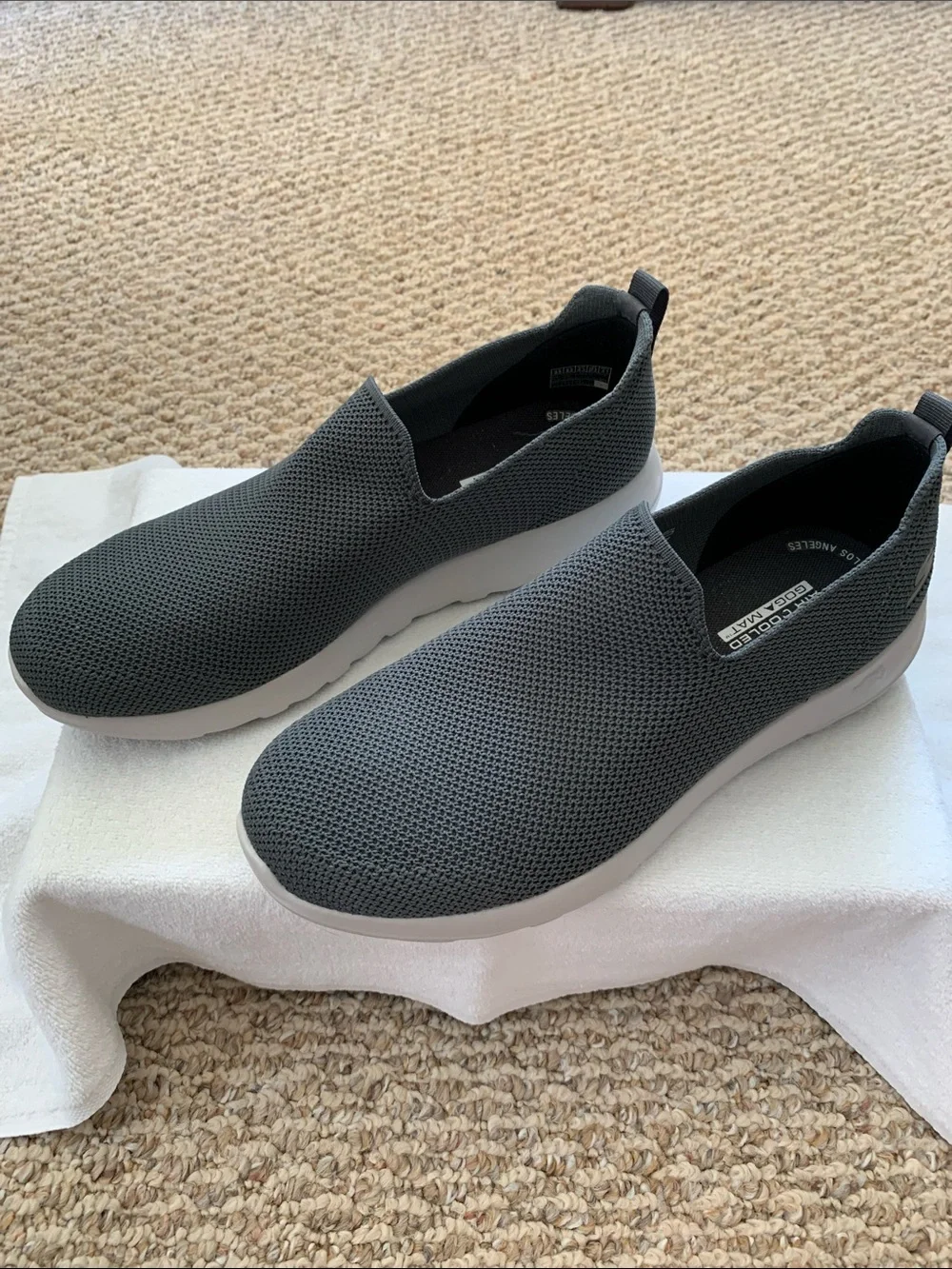 Skechers Men's Slip-On Mesh Loafers — Dark Gray with White Sole